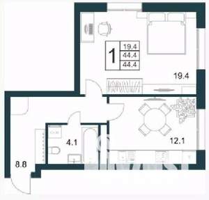 1-к квартира, строящийся дом, 44м2, 2/21 этаж