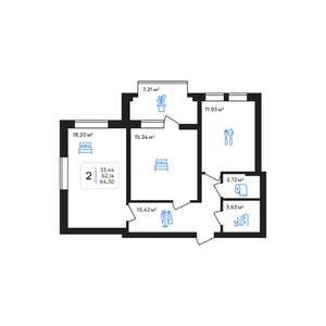 2-к квартира, строящийся дом, 64м2, 1/8 этаж