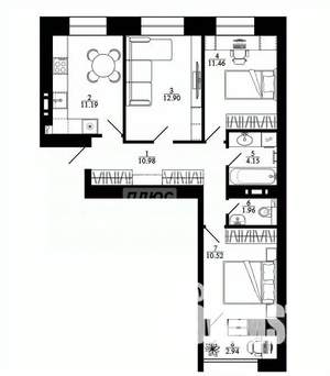 3-к квартира, строящийся дом, 70м2, 8/12 этаж