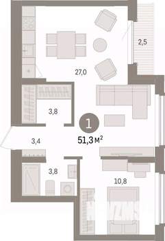 1-к квартира, вторичка, 51м2, 7/25 этаж