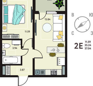 1-к квартира, сданный дом, 37м2, 5/18 этаж