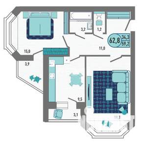 2-к квартира, вторичка, 63м2, 5/18 этаж