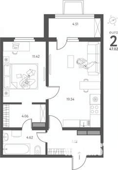 1-к квартира, сданный дом, 47м2, 1/17 этаж