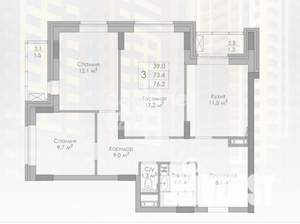 3-к квартира, сданный дом, 76м2, 3/25 этаж