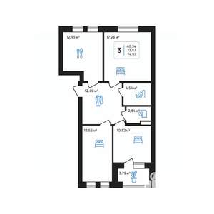 3-к квартира, строящийся дом, 75м2, 2/7 этаж