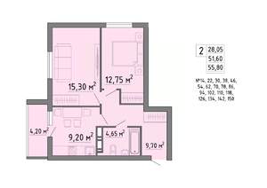 2-к квартира, строящийся дом, 56м2, 17/19 этаж