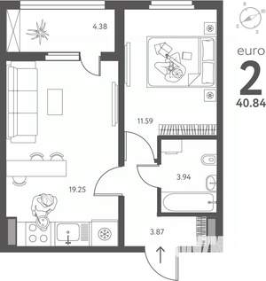 1-к квартира, вторичка, 41м2, 2/18 этаж