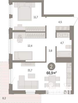 2-к квартира, строящийся дом, 67м2, 7/25 этаж