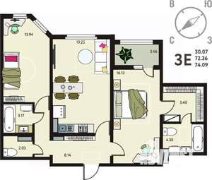2-к квартира, сданный дом, 74м2, 5/18 этаж