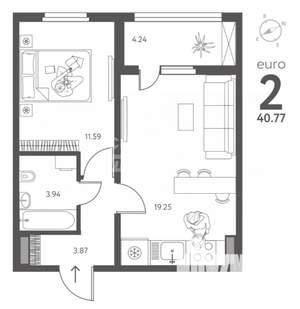 2-к квартира, вторичка, 41м2, 6/17 этаж
