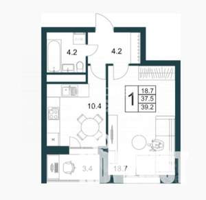 1-к квартира, вторичка, 39м2, 4/21 этаж