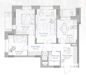 3-к квартира, вторичка, 76м2, 2/25 этаж