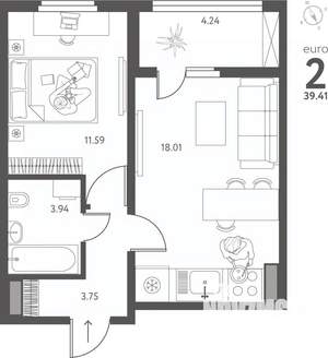 1-к квартира, вторичка, 39м2, 5/17 этаж