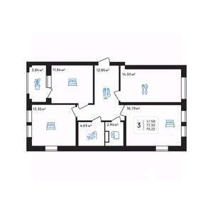 3-к квартира, строящийся дом, 79м2, 4/8 этаж