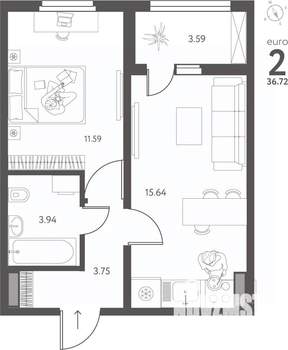 1-к квартира, вторичка, 37м2, 17/17 этаж