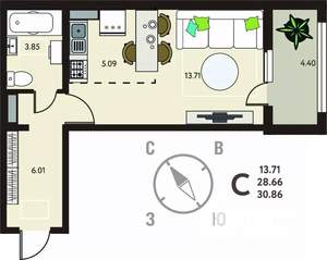 Студия квартира, сданный дом, 31м2, 16/17 этаж