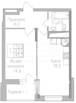 1-к квартира, вторичка, 45м2, 4/19 этаж