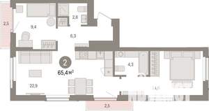 2-к квартира, строящийся дом, 65м2, 3/25 этаж