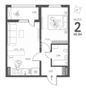 1-к квартира, вторичка, 41м2, 2/17 этаж