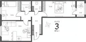 2-к квартира, сданный дом, 62м2, 14/17 этаж