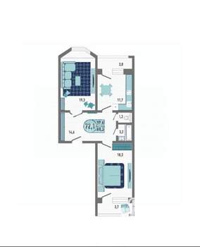 2-к квартира, вторичка, 72м2, 3/18 этаж