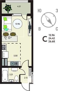 Студия квартира, сданный дом, 27м2, 16/17 этаж