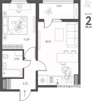 1-к квартира, вторичка, 39м2, 17/17 этаж