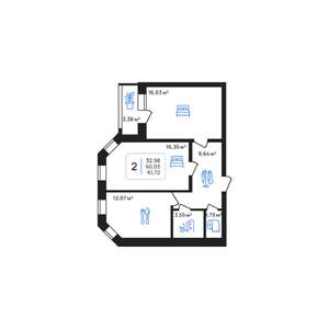 2-к квартира, строящийся дом, 62м2, 6/8 этаж