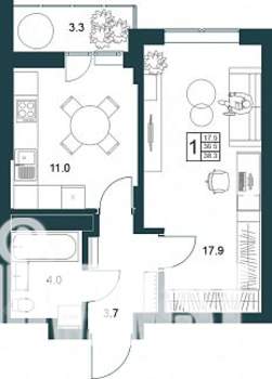 1-к квартира, строящийся дом, 38м2, 13/19 этаж