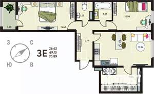 2-к квартира, сданный дом, 71м2, 5/17 этаж