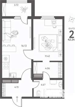 1-к квартира, сданный дом, 42м2, 2/17 этаж