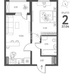 2-к квартира, вторичка, 37м2, 17/18 этаж