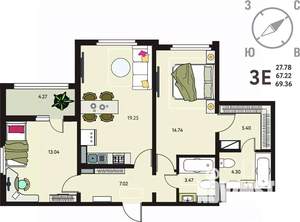2-к квартира, вторичка, 69м2, 18/18 этаж