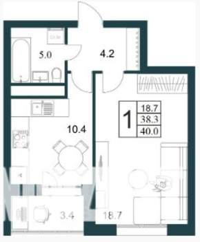 1-к квартира, строящийся дом, 40м2, 1/21 этаж
