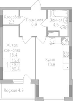 1-к квартира, строящийся дом, 50м2, 3/19 этаж