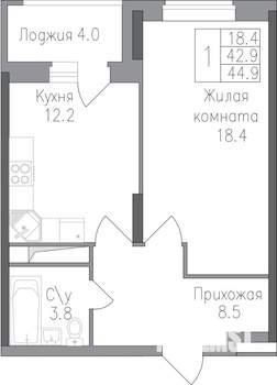 1-к квартира, строящийся дом, 45м2, 11/17 этаж
