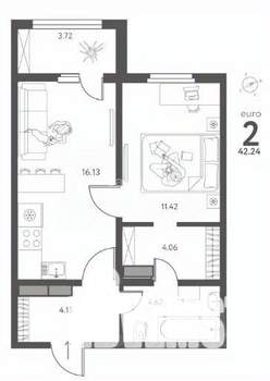 1-к квартира, вторичка, 42м2, 3/17 этаж