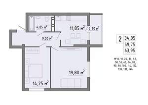 2-к квартира, строящийся дом, 64м2, 4/19 этаж