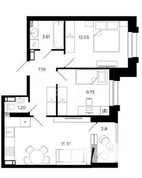 2-к квартира, строящийся дом, 53м2, 12/15 этаж