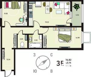 2-к квартира, вторичка, 67м2, 1/18 этаж