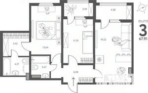 2-к квартира, сданный дом, 68м2, 11/17 этаж