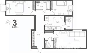 3-к квартира, сданный дом, 88м2, 1/17 этаж