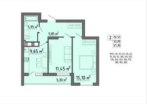 2-к квартира, строящийся дом, 57м2, 13/21 этаж