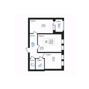 2-к квартира, строящийся дом, 60м2, 5/8 этаж