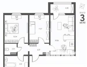 2-к квартира, вторичка, 61м2, 6/17 этаж