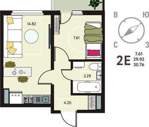 1-к квартира, сданный дом, 31м2, 14/18 этаж