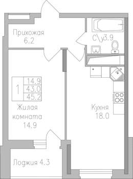 1-к квартира, строящийся дом, 45м2, 6/19 этаж