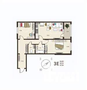 3-к квартира, строящийся дом, 67м2, 13/17 этаж