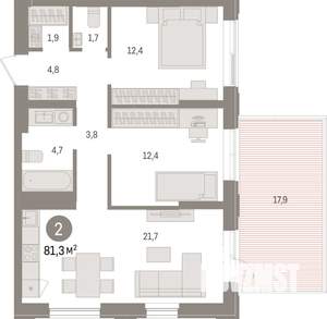 2-к квартира, строящийся дом, 81м2, 2/25 этаж