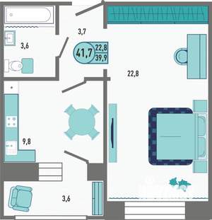 1-к квартира, строящийся дом, 42м2, 9/18 этаж